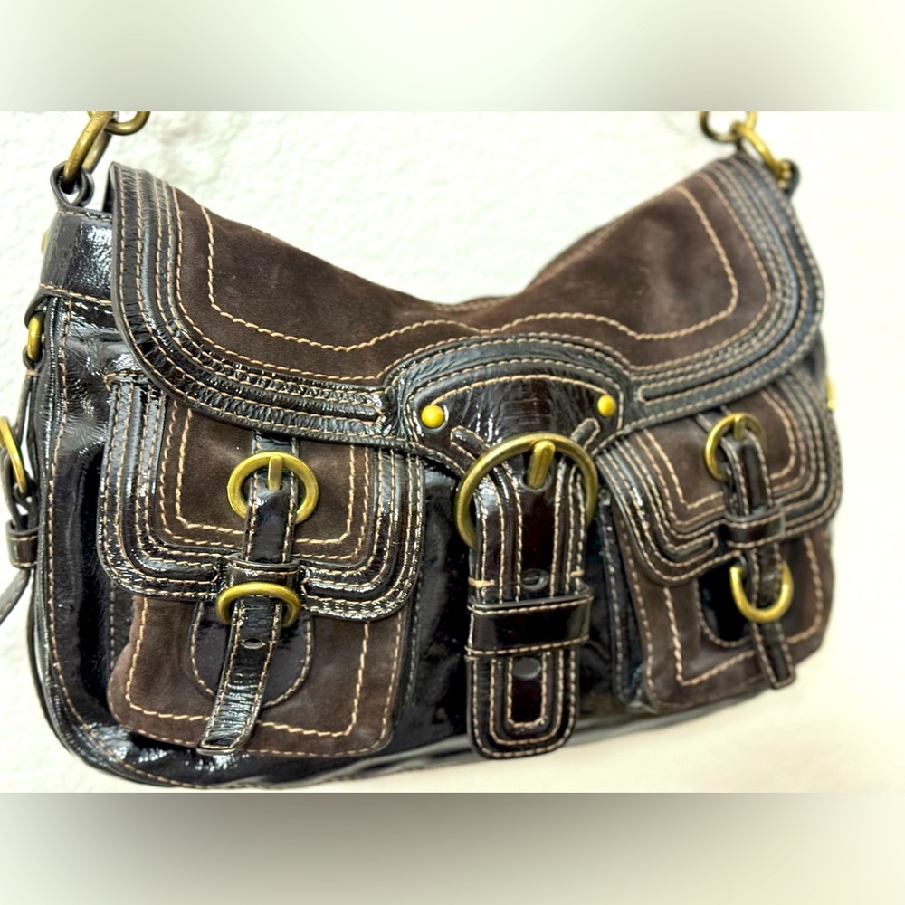 COACH Vintage Legacy Garcia Hobo Shoulder Bag Patent Leather Chocolate Suede